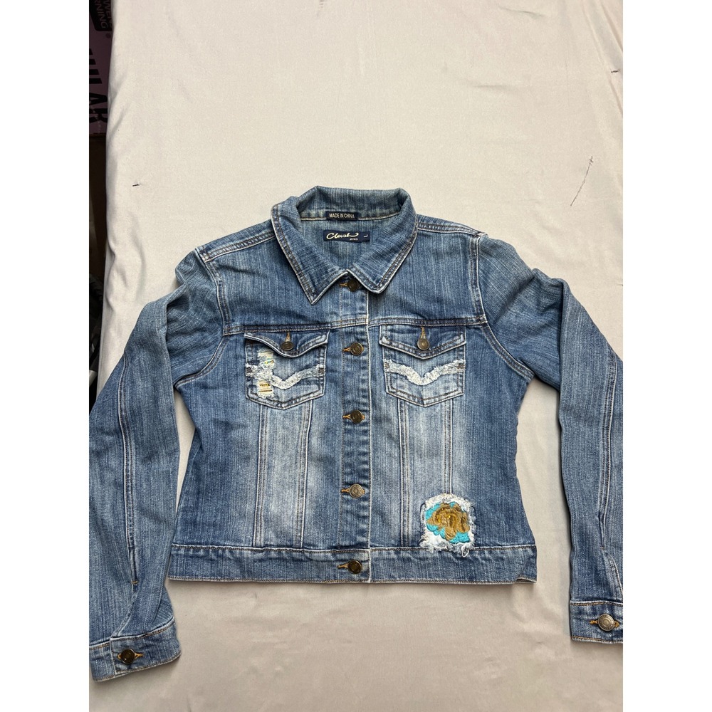 Clash Jeans Womens Blue Distressed Embroidered Denim Trucker Jacket Large
